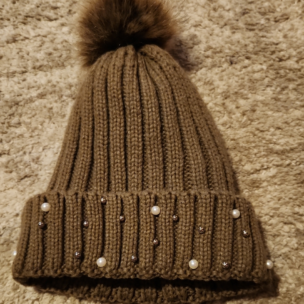 Brown Knit Beanie with Pom Pom